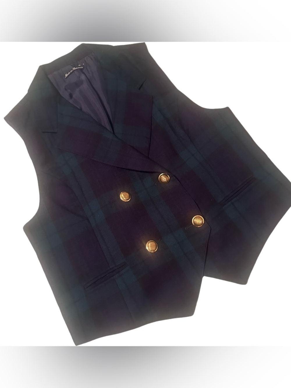 Vintage 1980's Giorgio Sant'Angelo 100% Pure Wool Navy Blue Tartan Plaid Vest